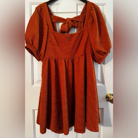 FREE PEOPLE Babydoll SUNSET Sz Large Back Cut Out Bow PUFF Sleeves A-line Dress - Picture 6 of 16